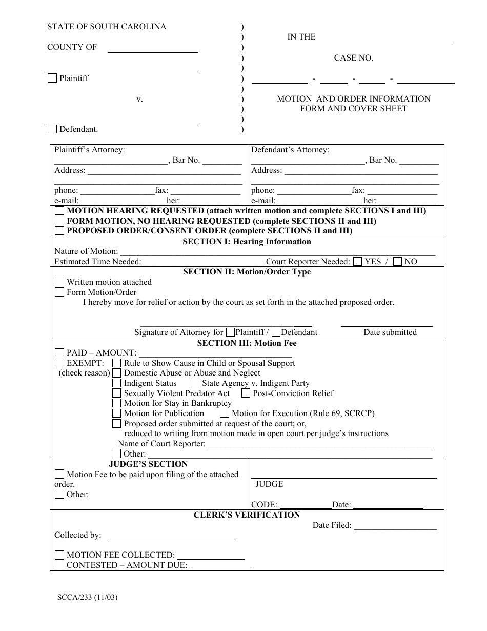 Form SCCA233 - Fill Out, Sign Online and Download Printable PDF, South ...