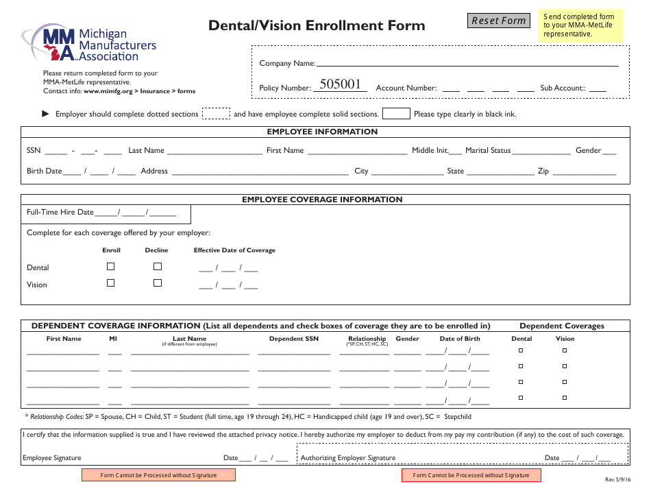Michigan Dental/Vision Enrollment Form Michigan Manufacturers