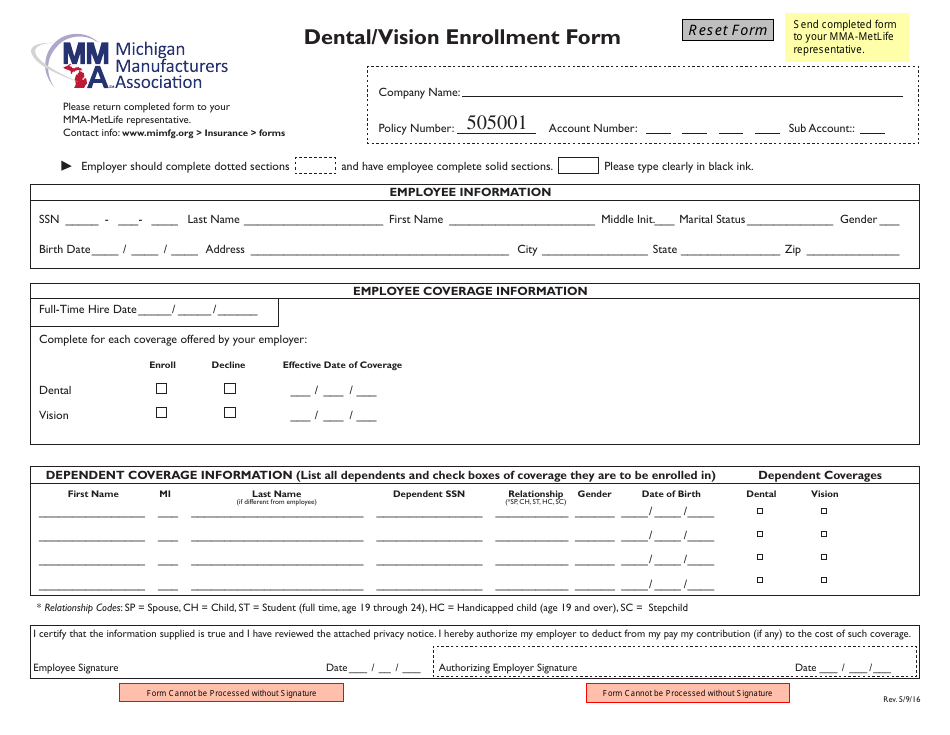 Dental / Vision Enrollment Form - Michigan Manufacturers Association - Michigan, Page 1