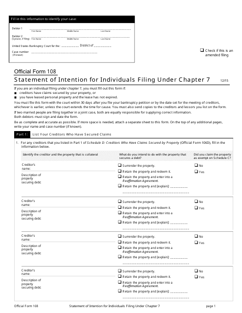 Official Form 108 Statement of Intention for Individuals Filing Under Chapter 7