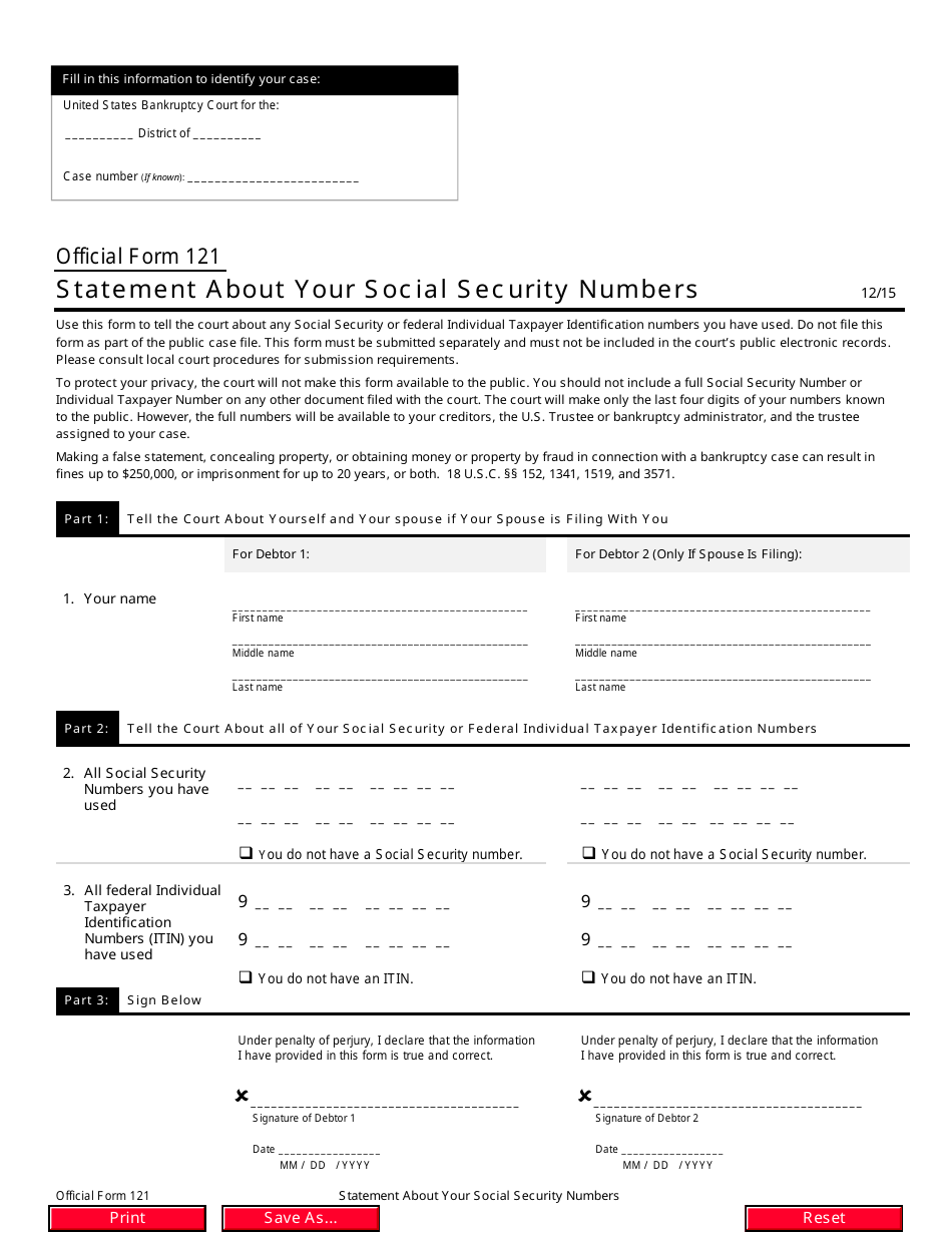 Official Form 121 Statement About Your Social Security Numbers, Page 1