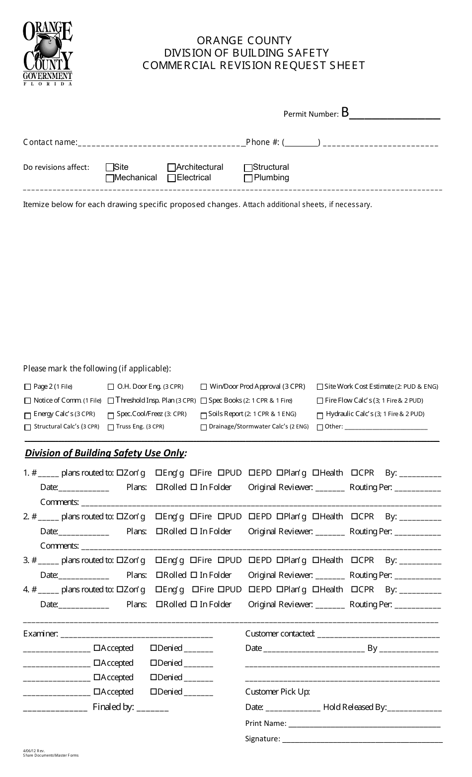 Commercial Revision Request Sheet - Orange County, Florida, Page 1