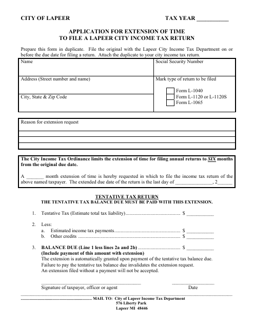 Application for Extension of Time to File a Lapeer City Income Tax Return - City of Lapeer, Michigan Download Pdf