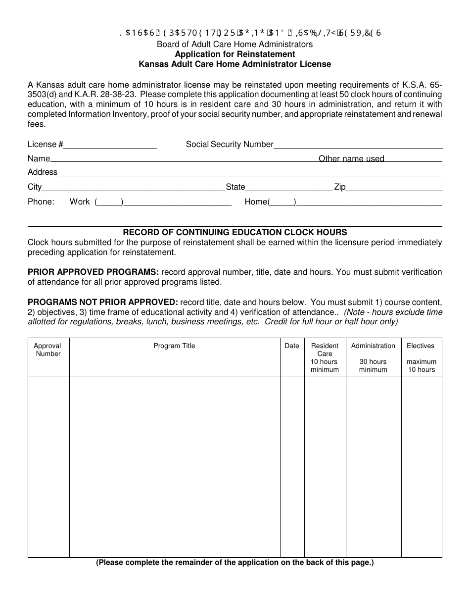 Application for Reinstatement - Kansas Adult Care Home Administrator License - Kansas, Page 1