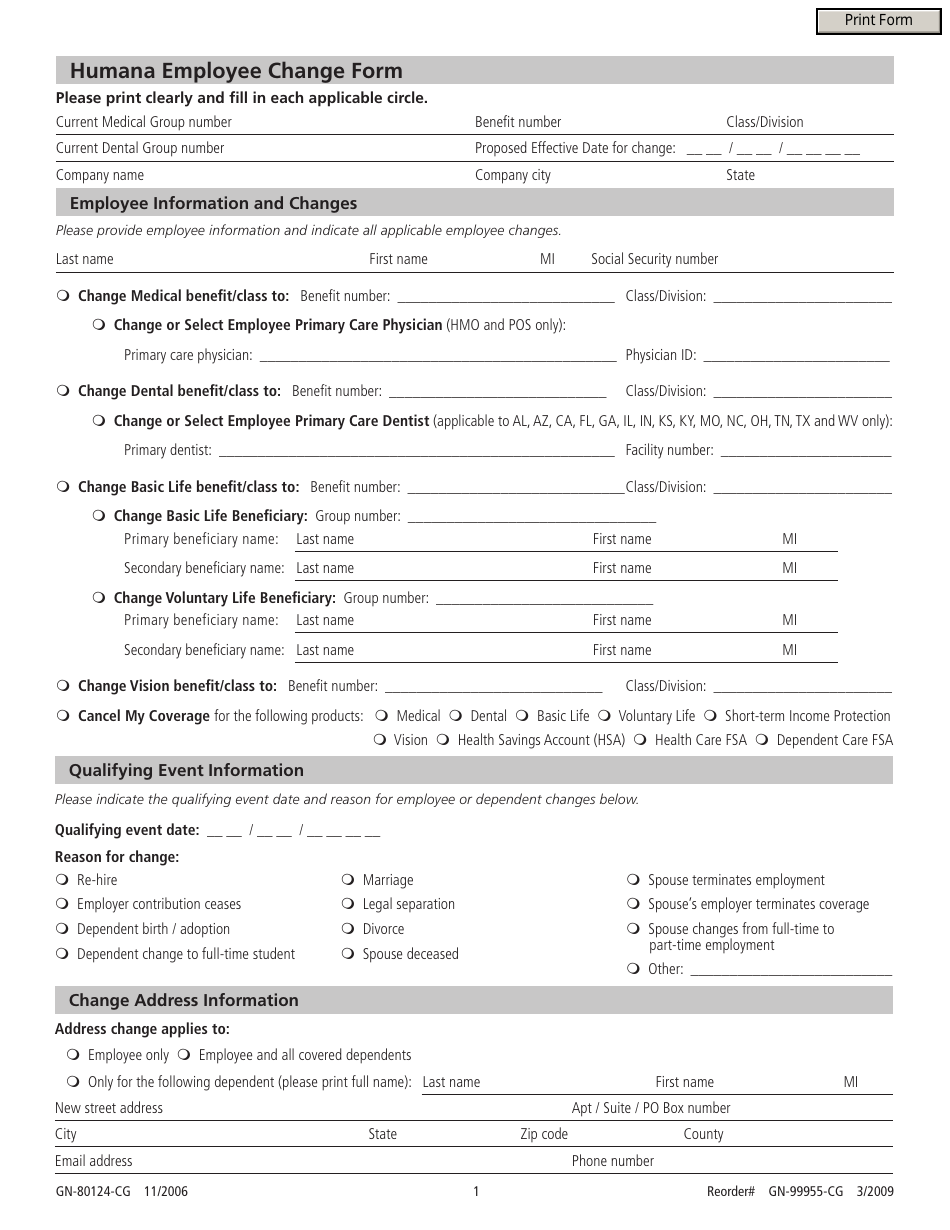 Form GN-80124-CG Employee Change Form - Humana, Page 1