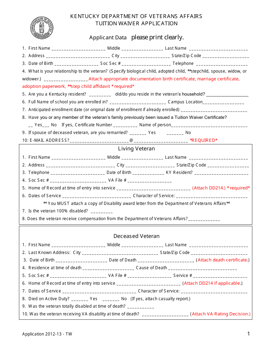 Tuition Waiver Application Form - Kentucky, Page 1
