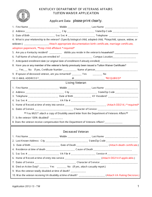 Tuition Waiver Application Form - Kentucky Download Pdf