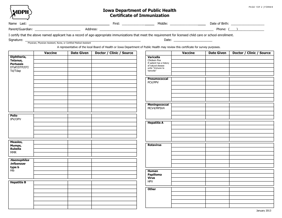 Form 8 Certificate of Immunization - Iowa, Page 1