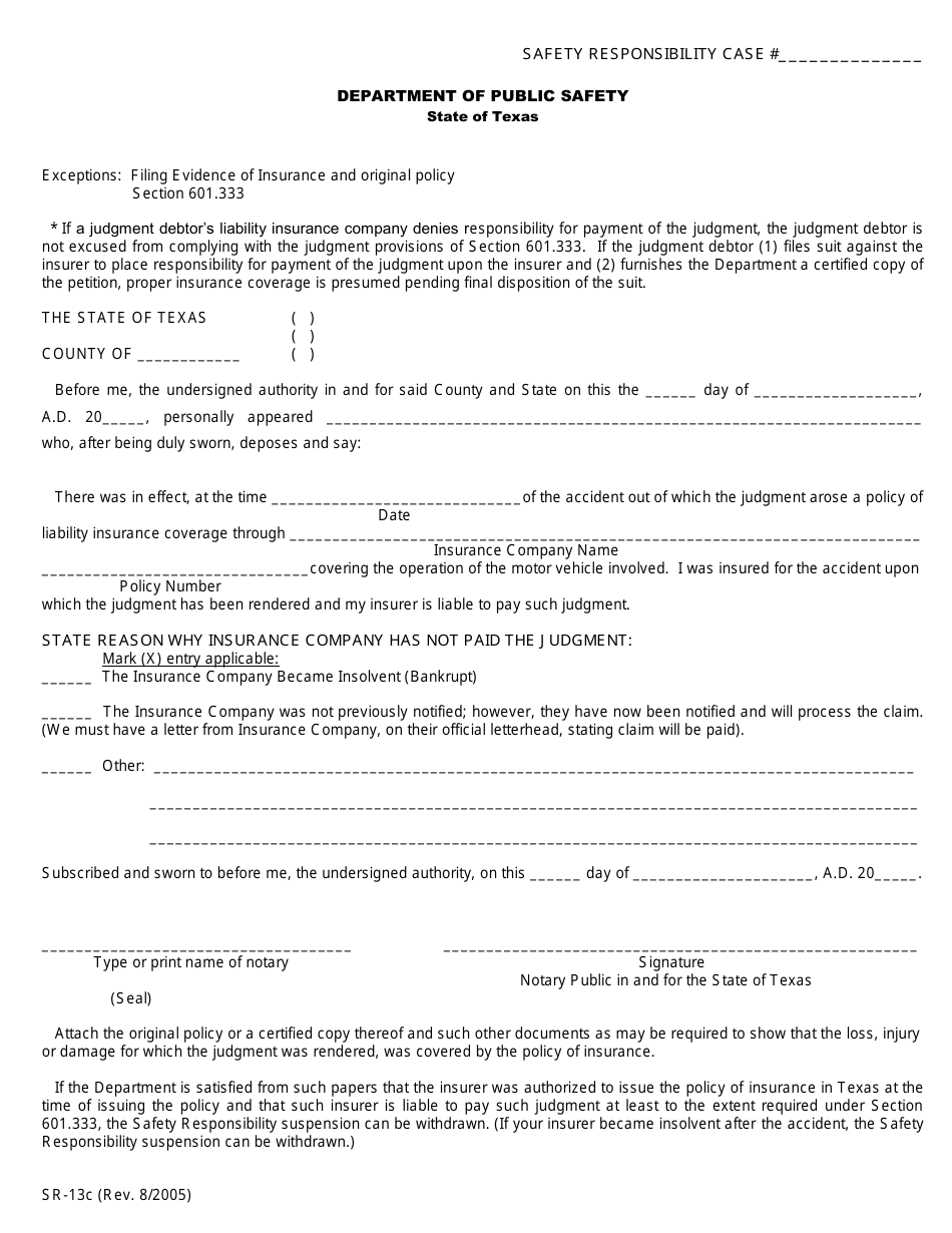 Form SR-13C Judgment Liability Affidavit - Texas, Page 1