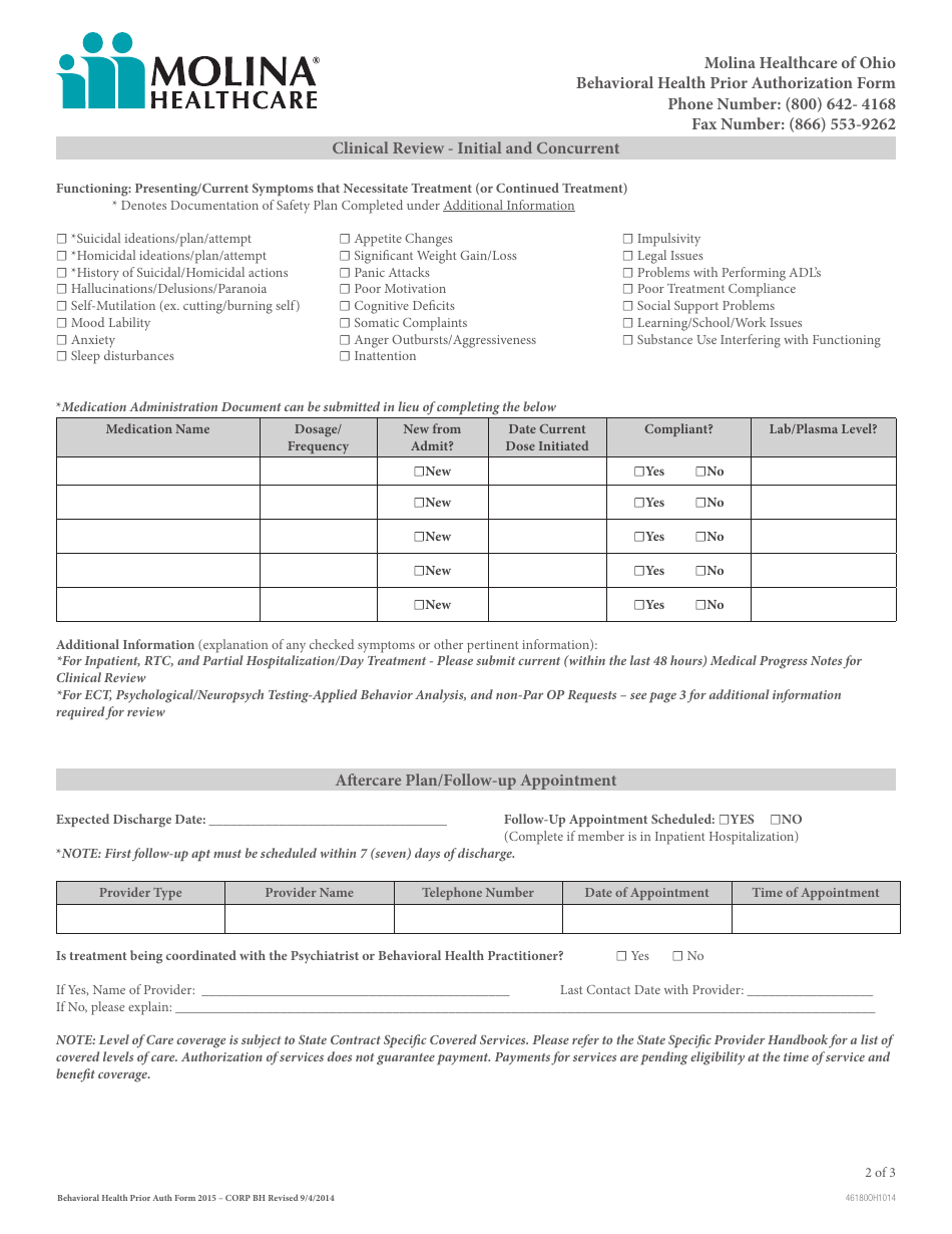 Ohio Behavioral Health Prior Authorization Molina Healthcare Fill