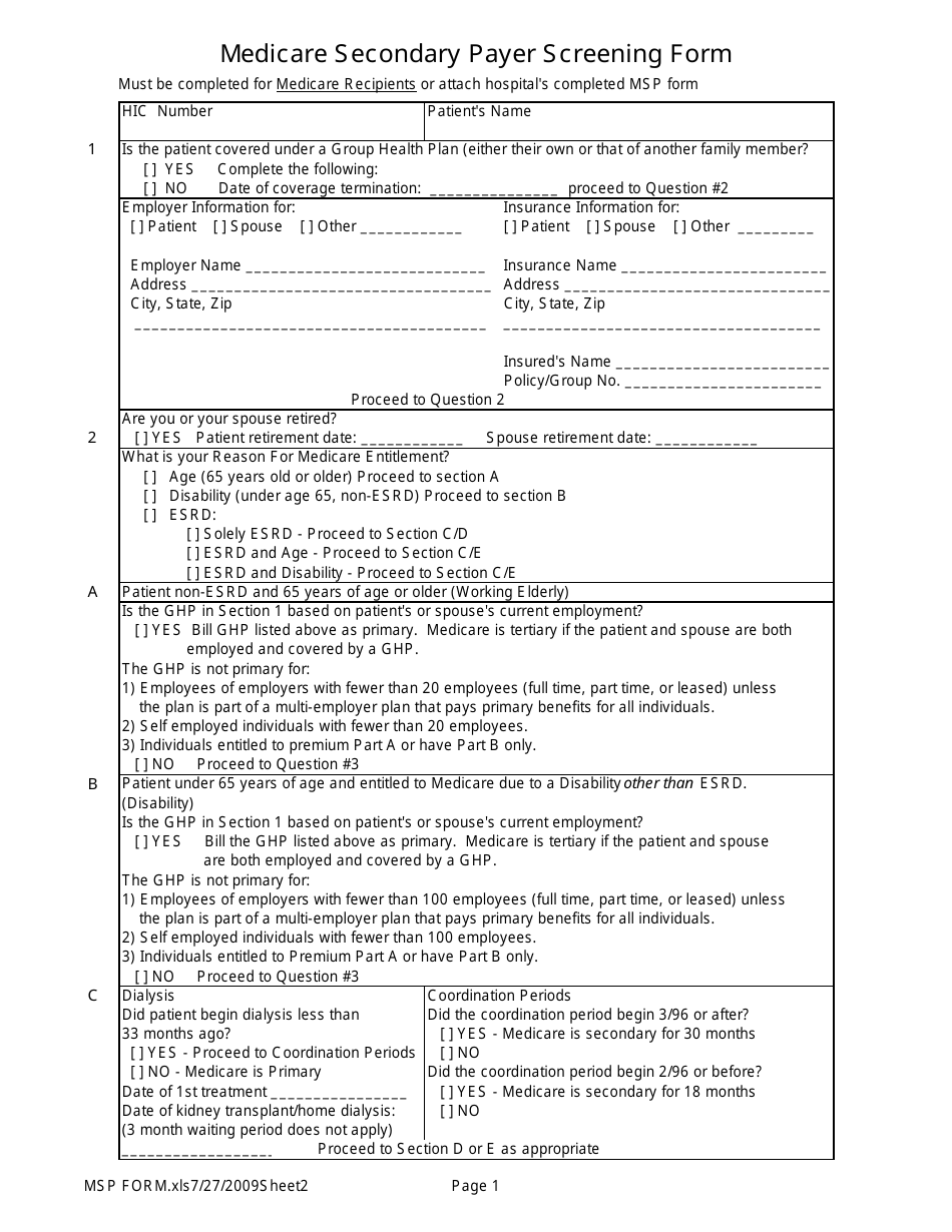 Medicare Secondary Payer Screening Form, Page 1