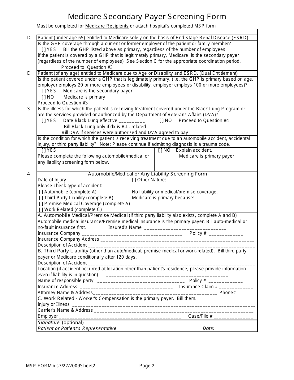 Medicare Secondary Payer Screening Form Fill Out Sign Online And Download Pdf Templateroller 5697