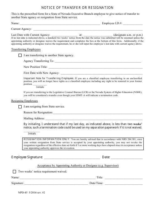 Form NPD-45 Notice of Transfer or Resignation - Nevada
