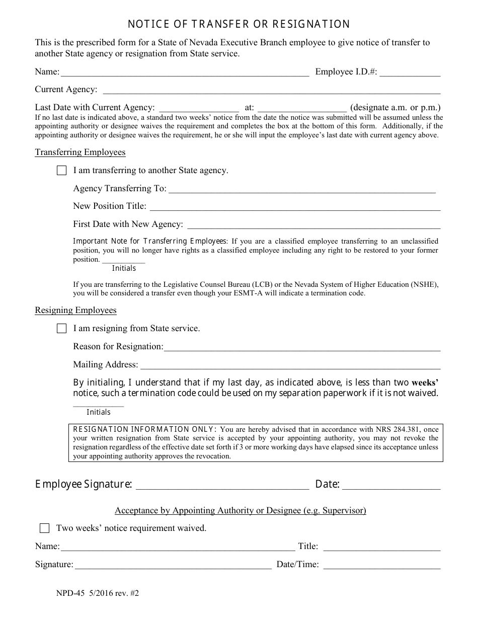 Form NPD-45 Notice of Transfer or Resignation - Nevada, Page 1