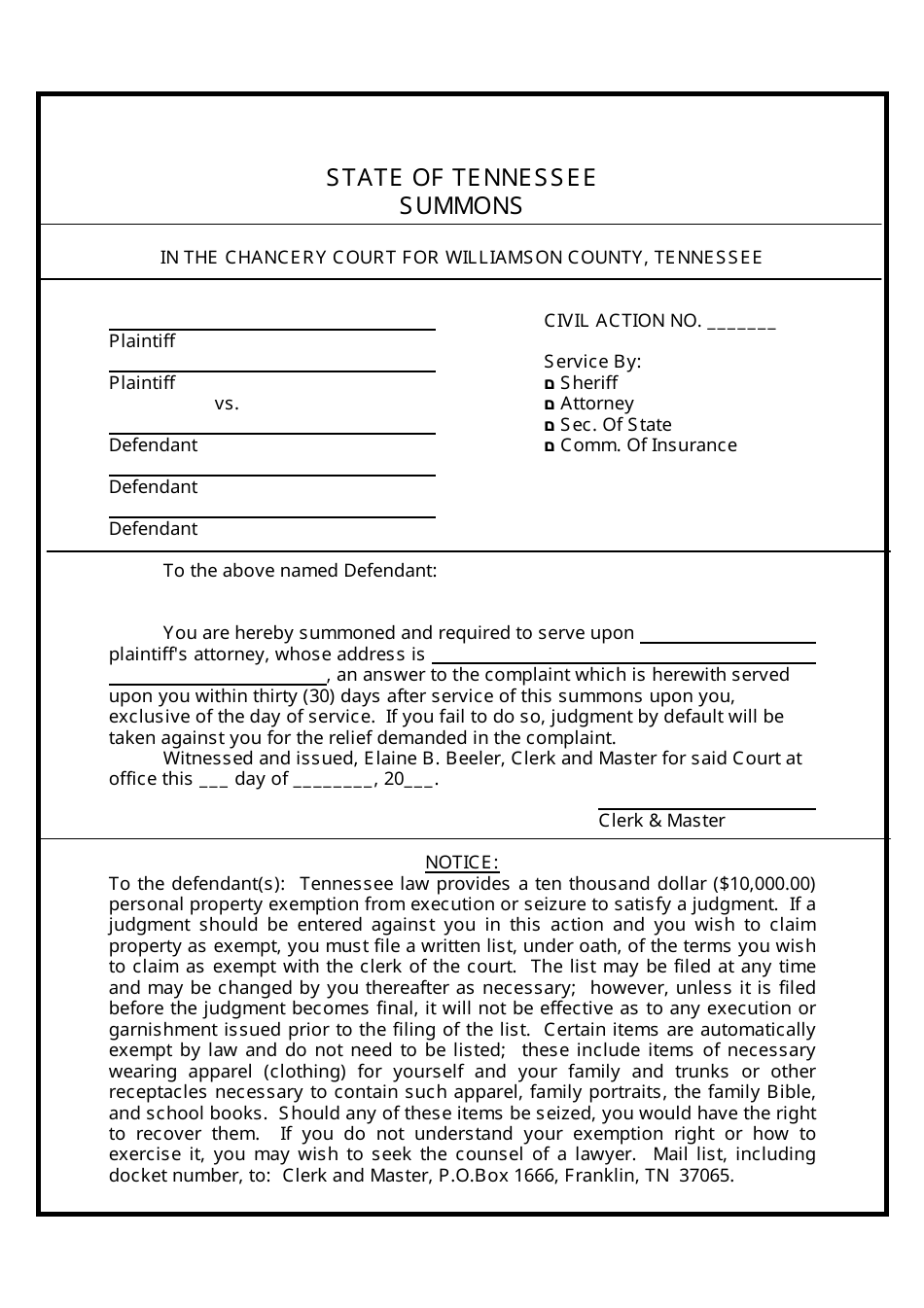 Summons Form - Tennessee, Page 1
