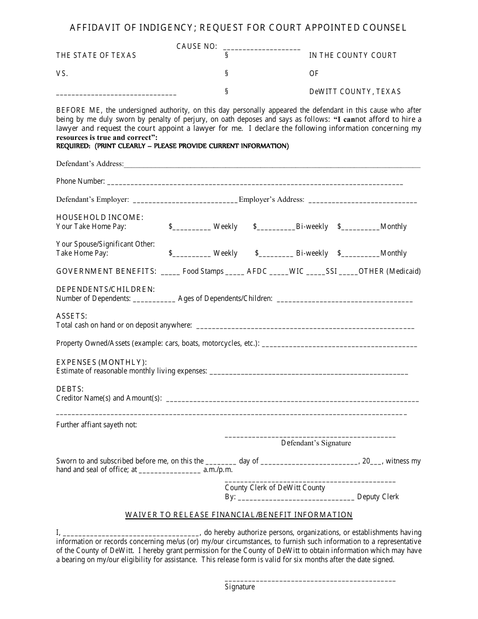 Texas Affidavit of Indigency Request for Court Appointed Counsel Form