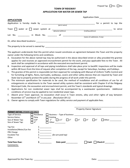 Application for Water or Sewer Tap Template - Town of Ridgway, Colorado Download Pdf