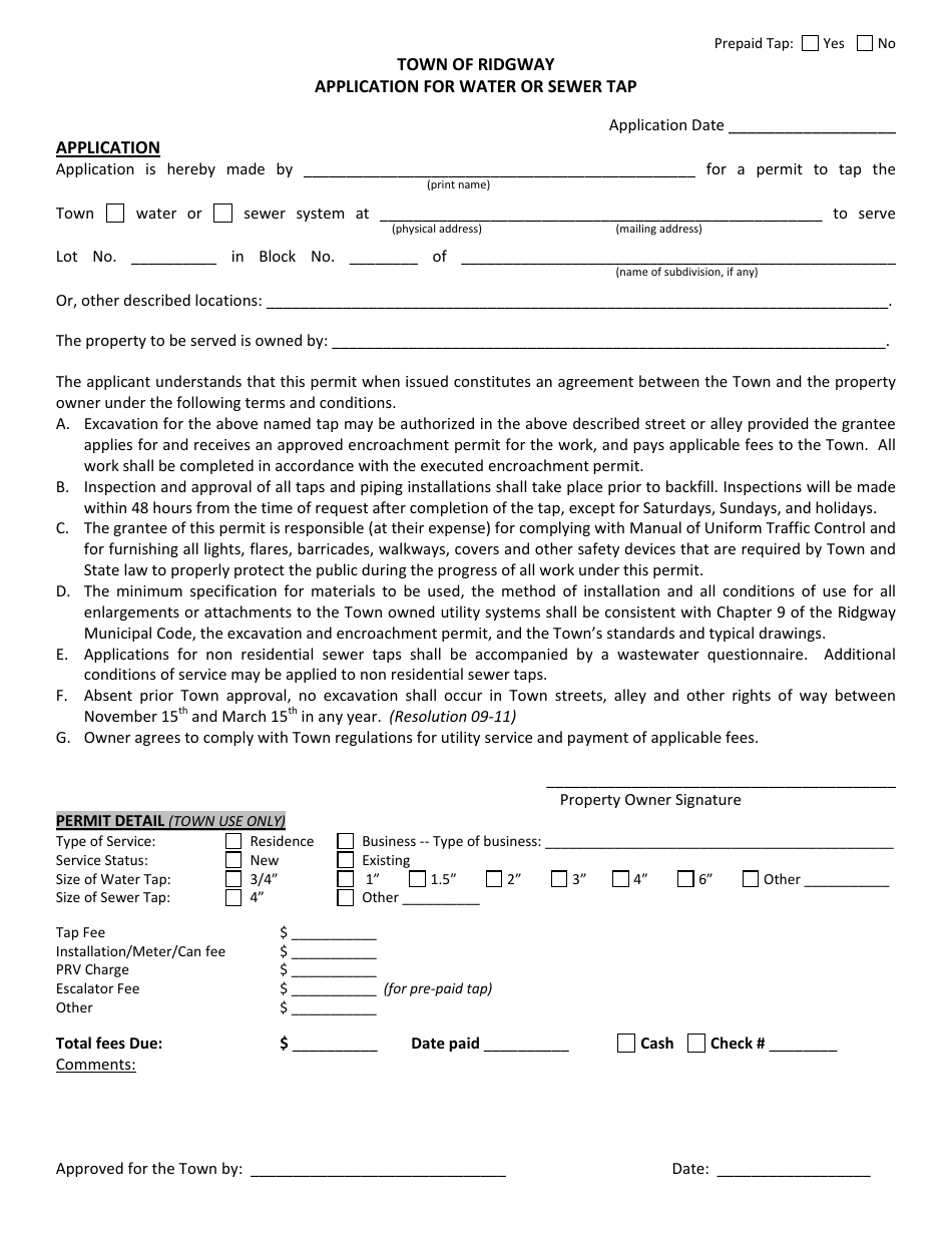 Application for Water or Sewer Tap Template - Town of Ridgway, Colorado, Page 1