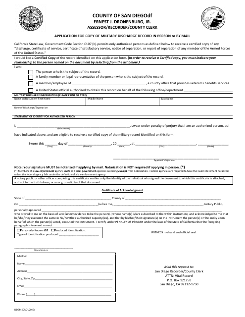 Form DD214 Application for Copy of Military Discharge Record in Person or by Mail - San Diego County, California