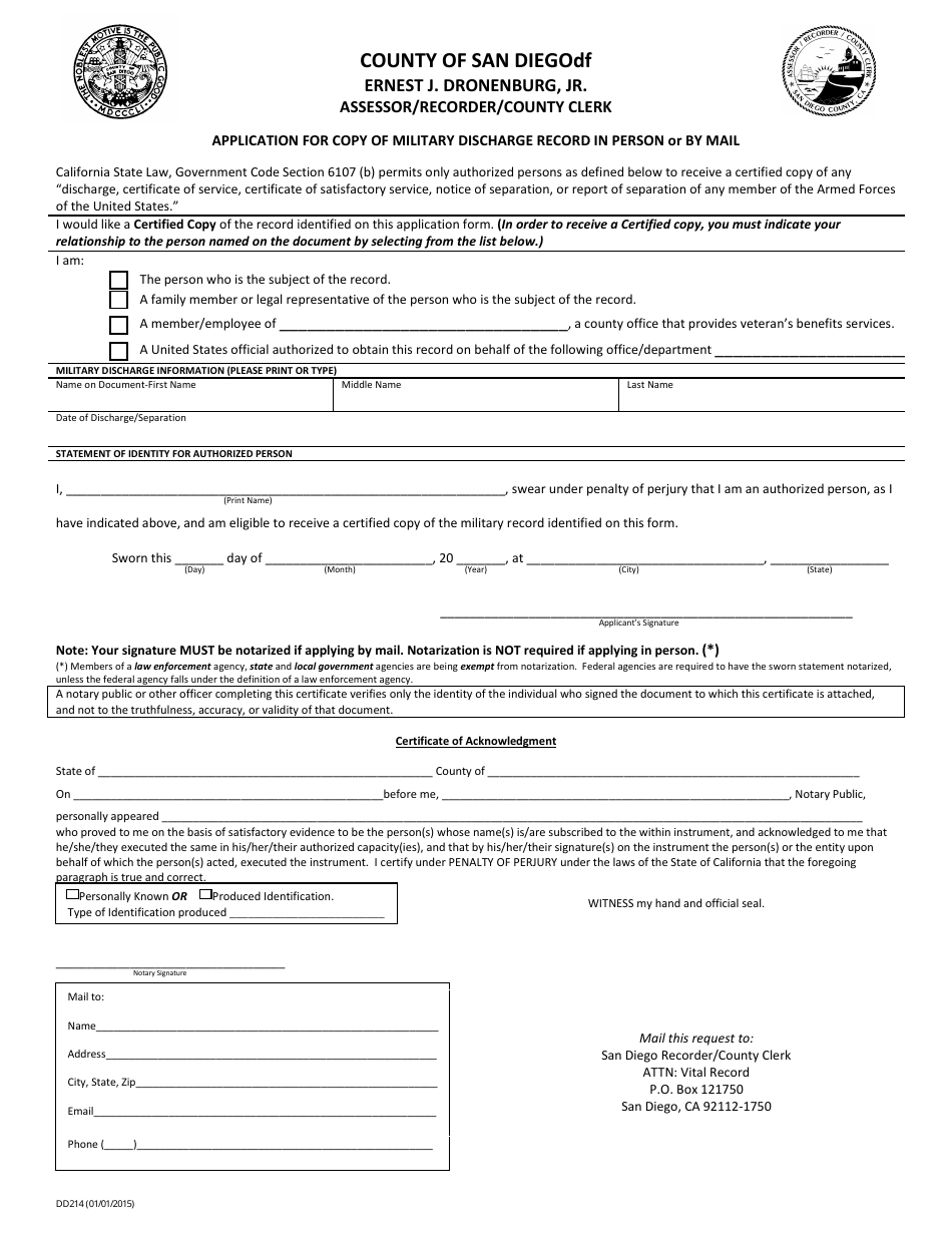Form DD214 Application for Copy of Military Discharge Record in Person or by Mail - San Diego County, California, Page 1