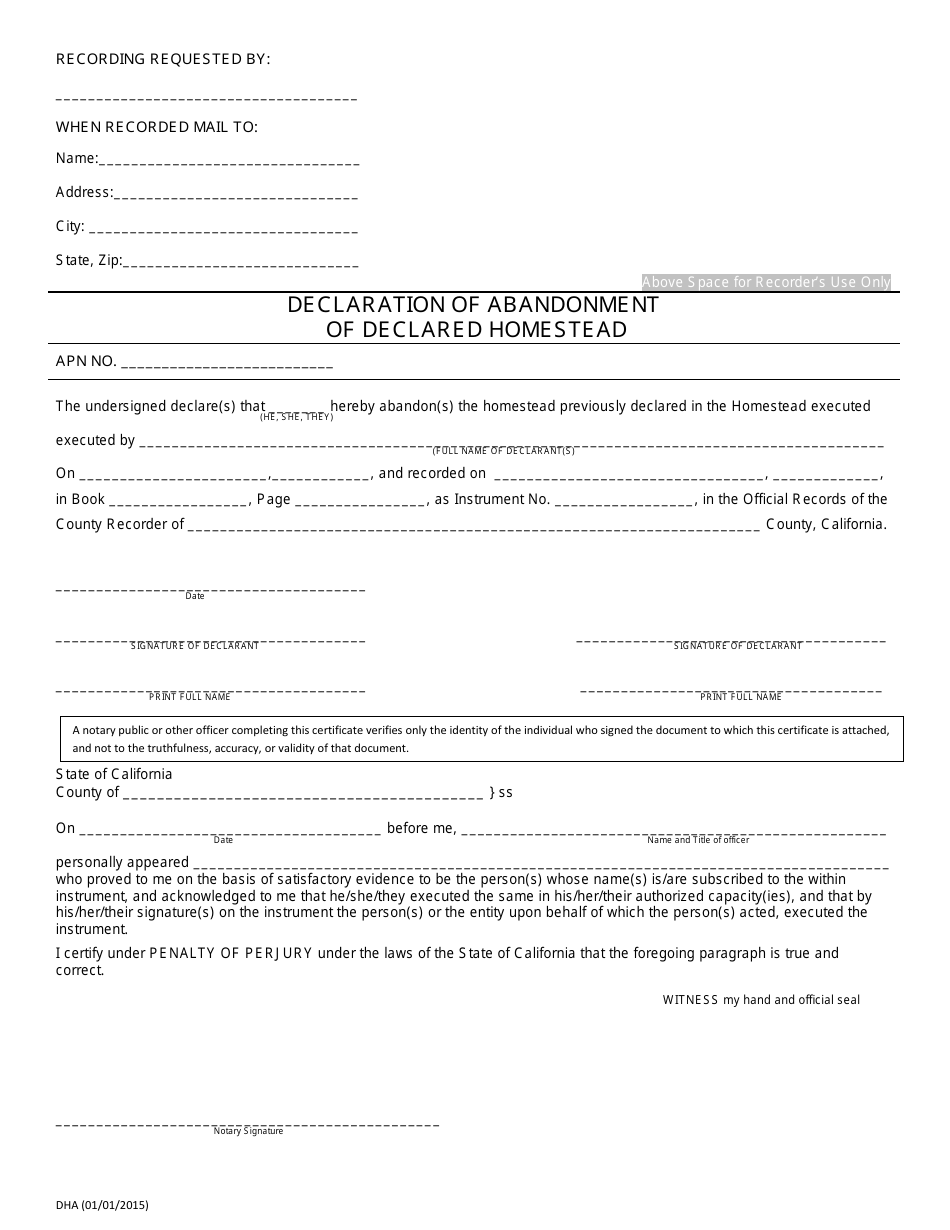 California Declaration of Abandonment of Declared Homestead Fill Out