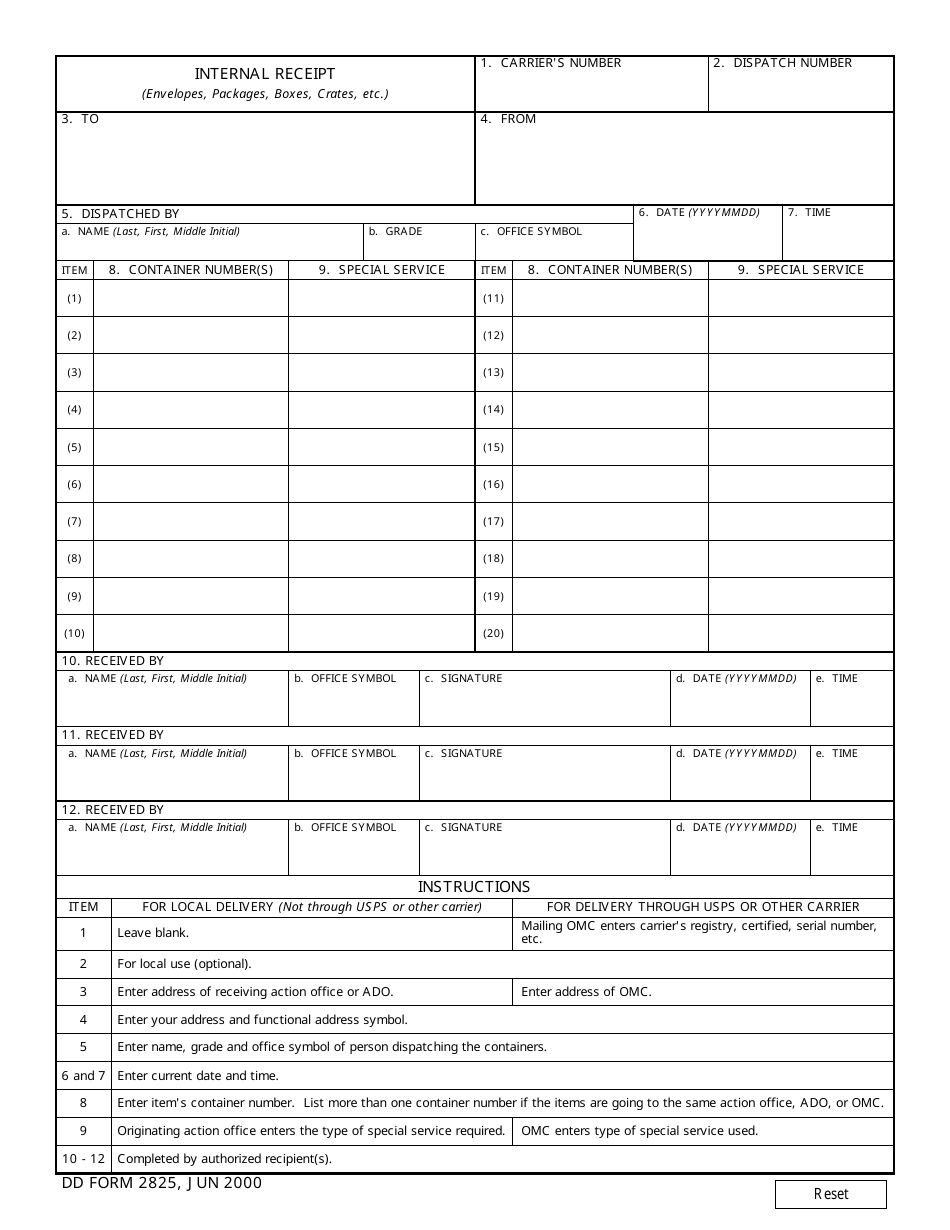 DD Form 2825 Internal Receipt, Page 1