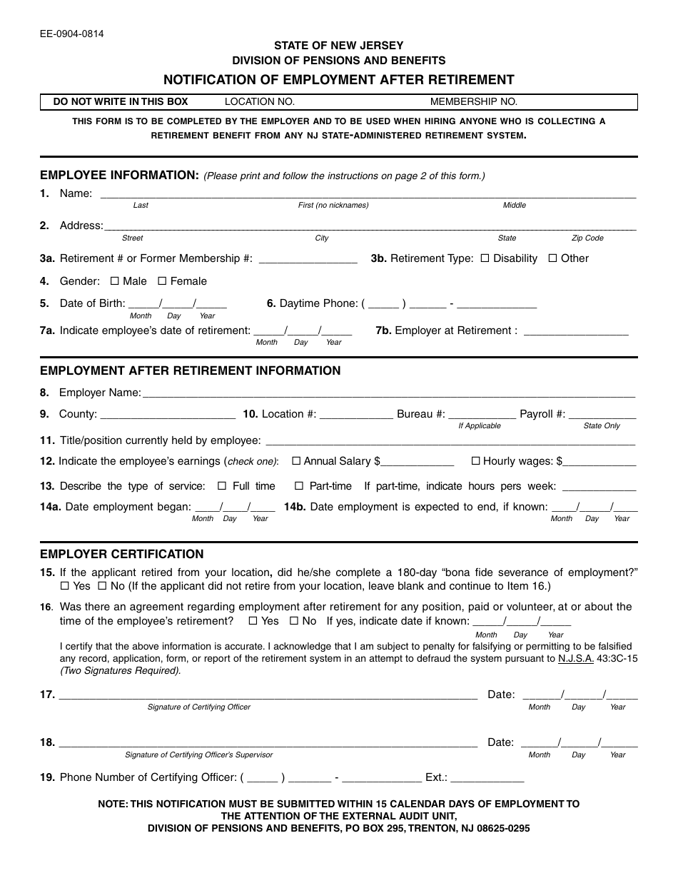 Form EE-0904-0814 Notification of Employment After Retirement - New Jersey, Page 1