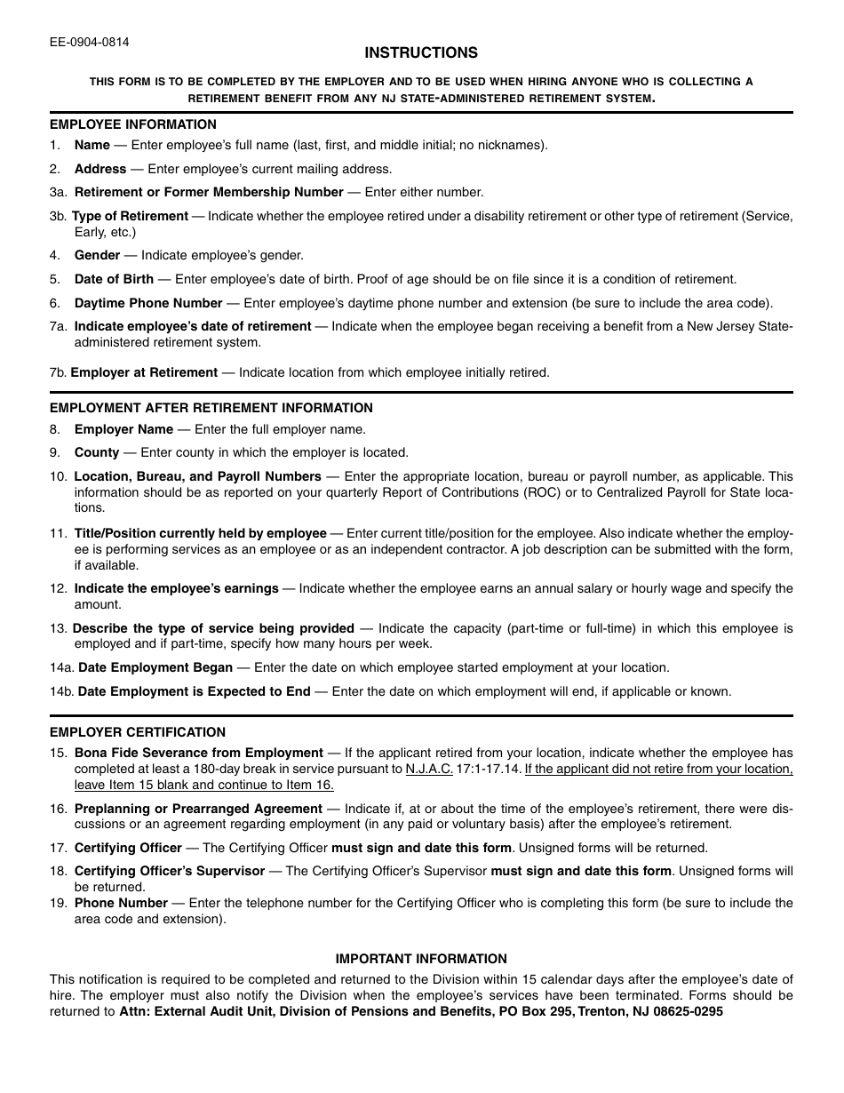 Form EE-0904-0814 Notification of Employment After Retirement - New Jersey, Page 2