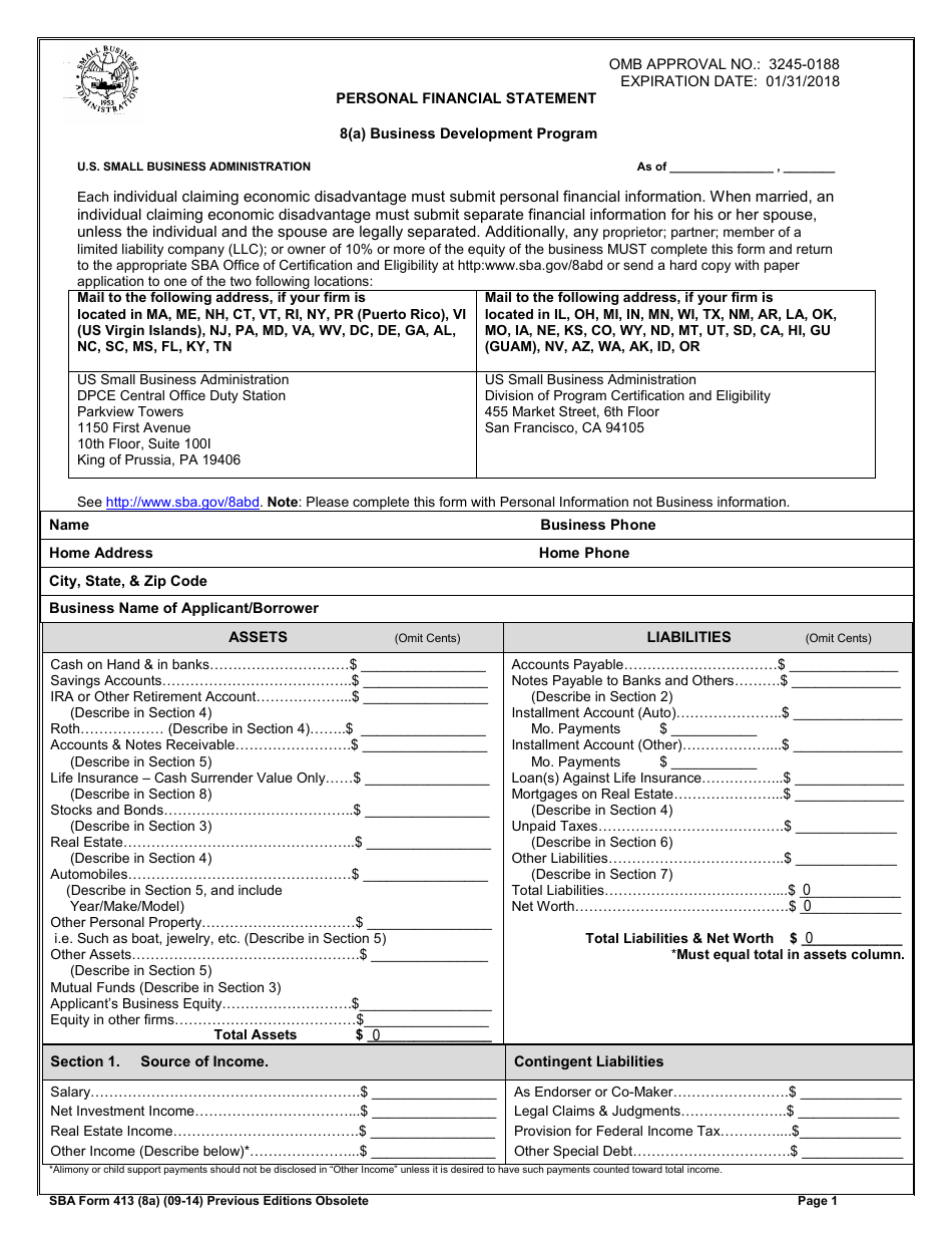 SBA Form 413 (8A) Personal Financial Statement, Page 1