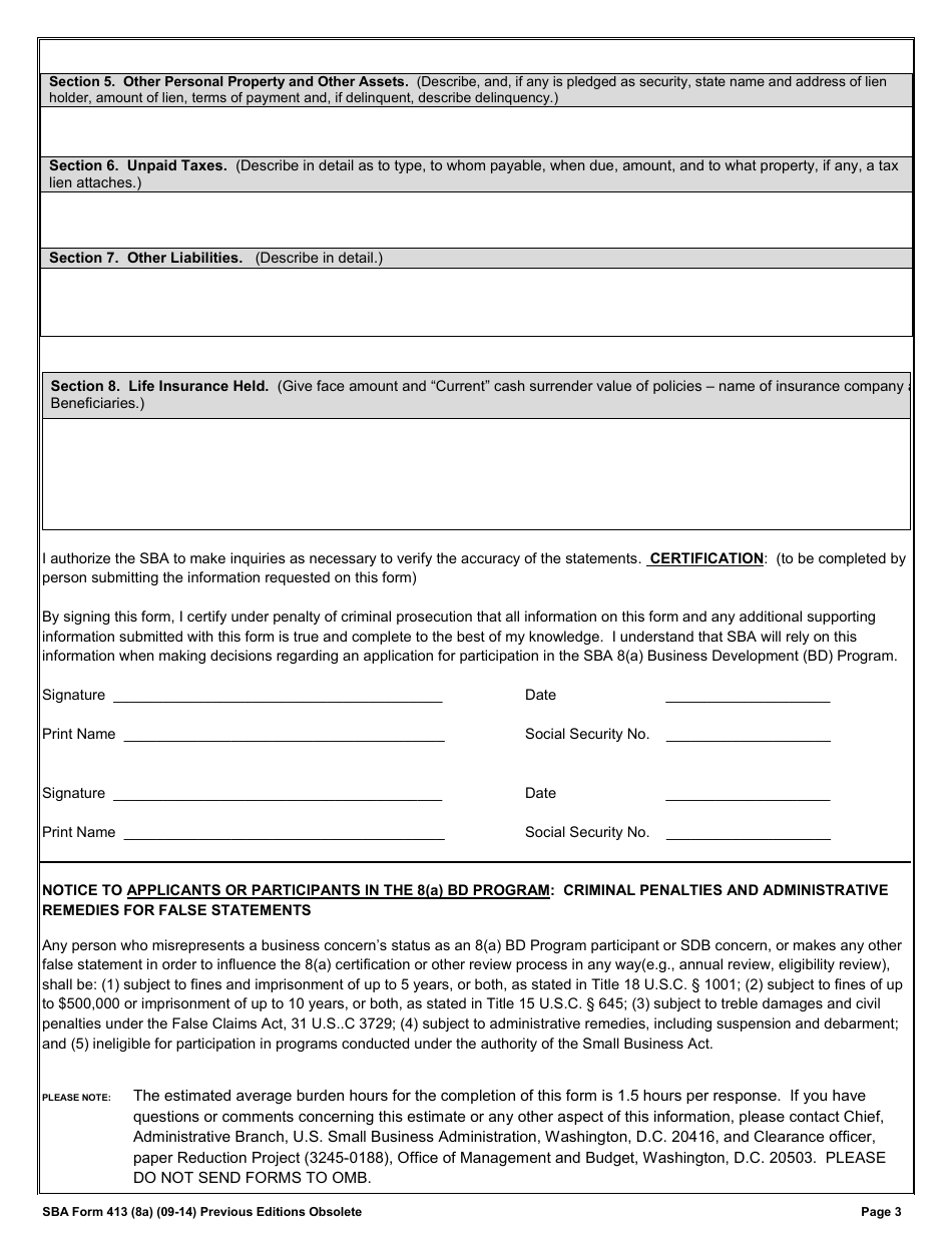 Sba Form 413 8a Fill Out Sign Online And Download Fillable Pdf Templateroller 3468