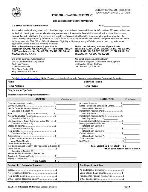 SBA Form 413 (8A)  Printable Pdf
