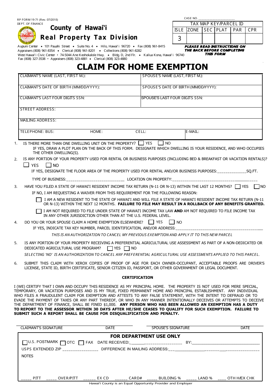 Form RP19-71 Claim for Home Exemption - County of Hawai'i, Hawaii, Page 1