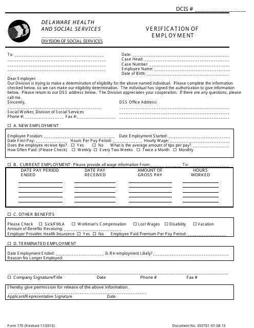 Form 170 Verification of Employment - Delaware