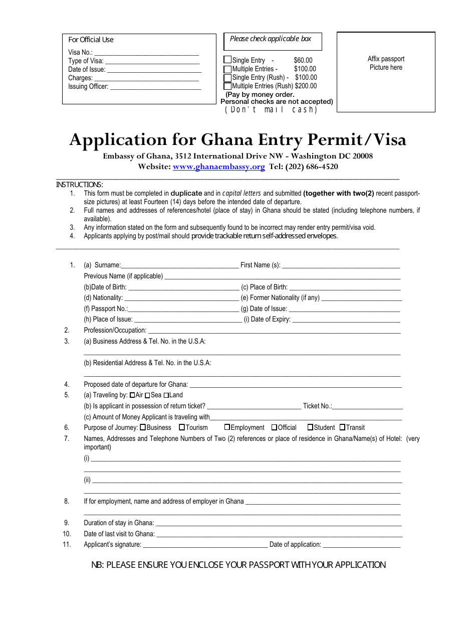 Washington, D.C. Application For Ghana Entry Permit/Visa - Fill Out ...