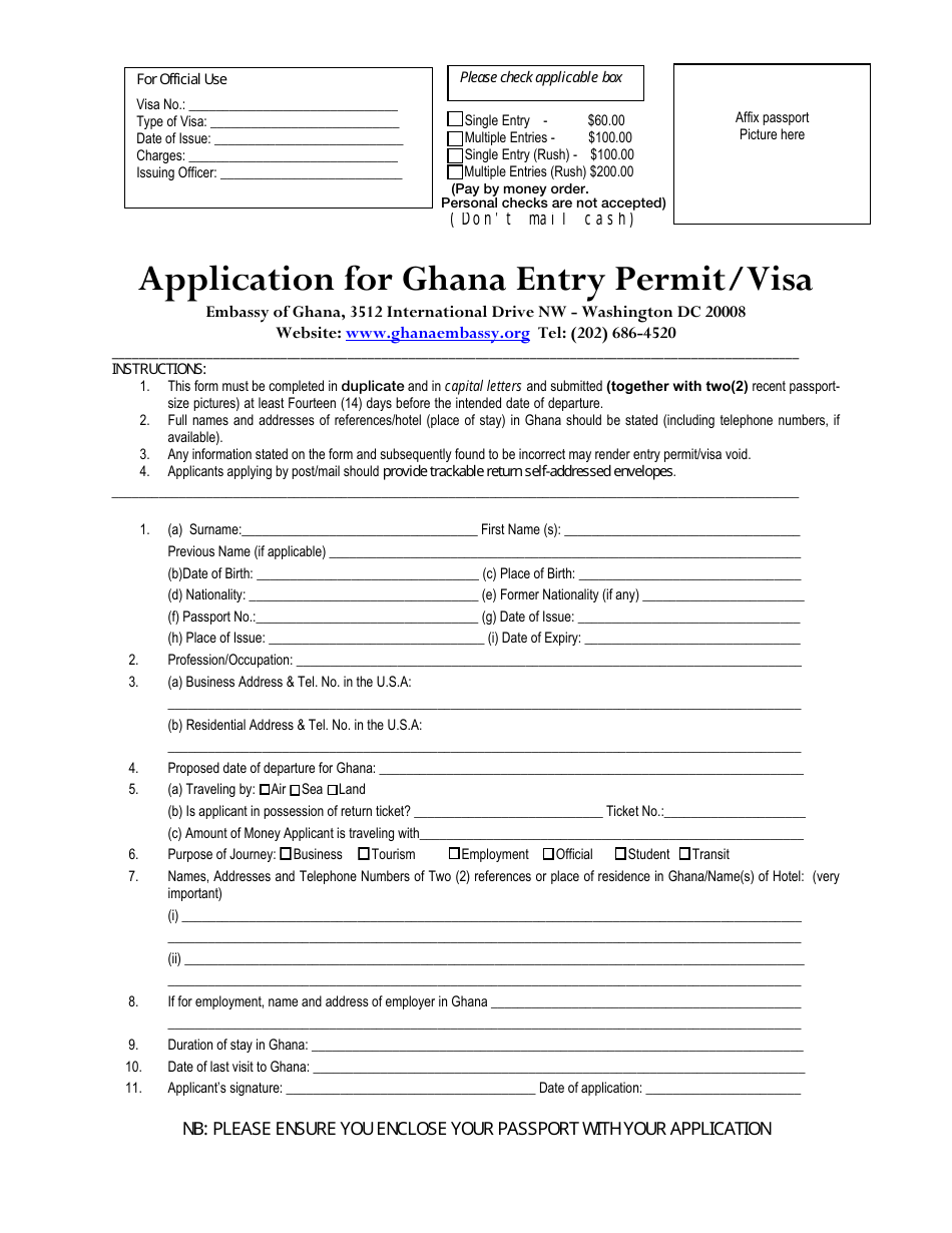 Application for Ghana Entry Permit / Visa - Washington, D.C., Page 1