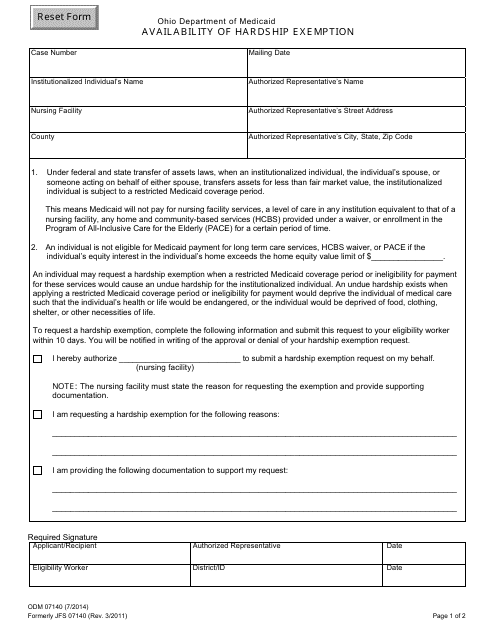 Form ODM07140 Availability of Hardship Exemption - Ohio