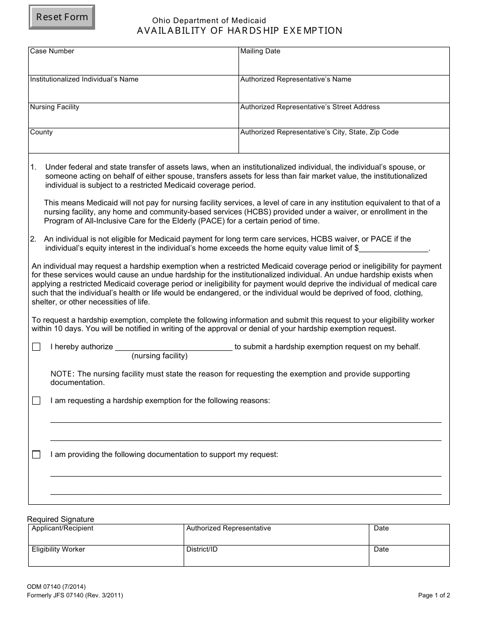 Form ODM07140 Fill Out, Sign Online and Download Fillable PDF, Ohio