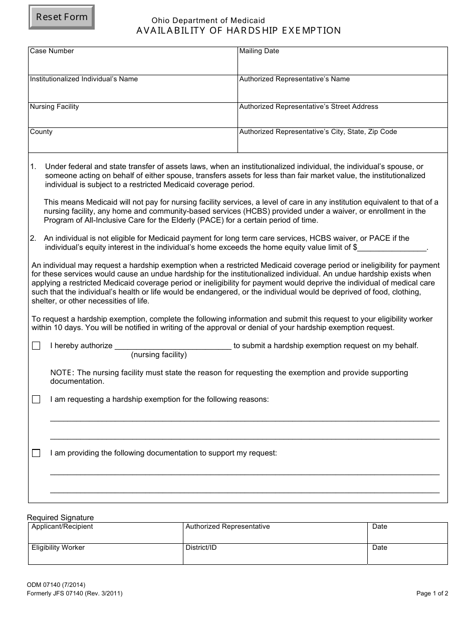 Form ODM07140 Availability of Hardship Exemption - Ohio, Page 1
