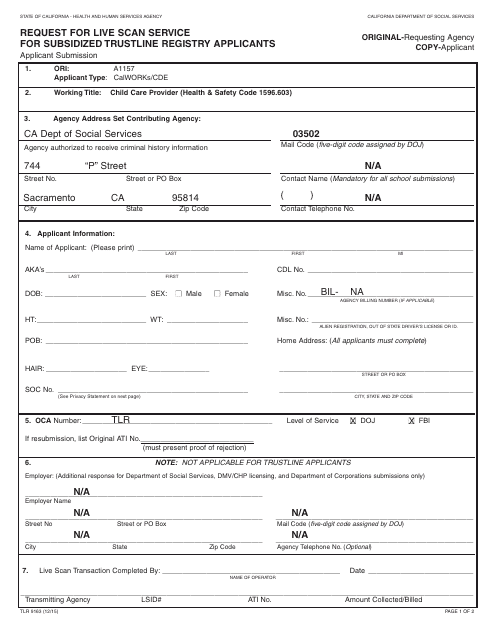 Form TLR9163 Request for Live Scan Service for Subsidized Trustline Registry Applicants - California
