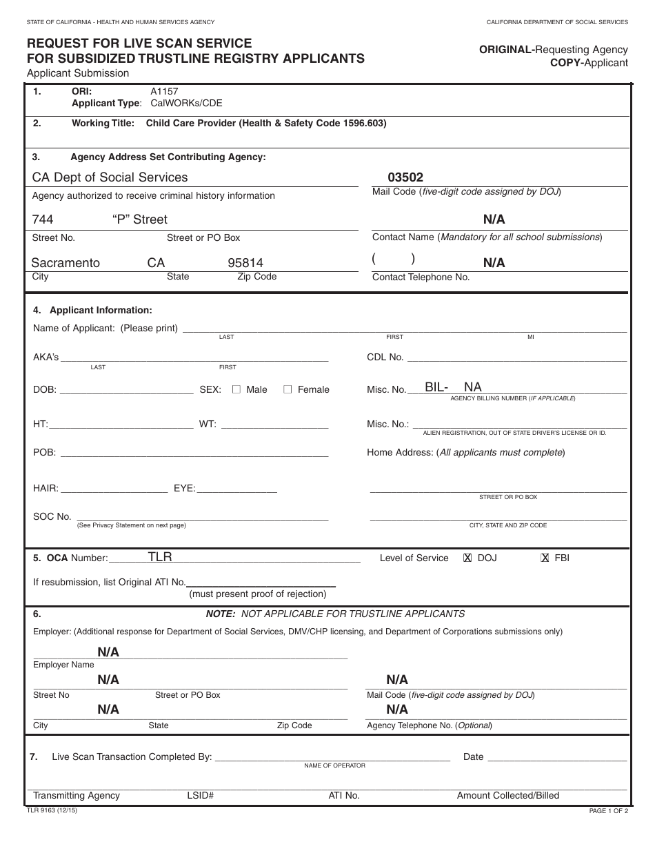 Form TLR9163 Request for Live Scan Service for Subsidized Trustline Registry Applicants - California, Page 1