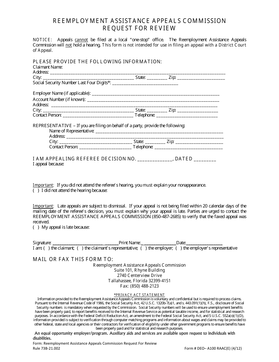 DEO Form A100 RAAC(E) Reemployment Assistance Appeals Commission Request for Review - Florida, Page 1