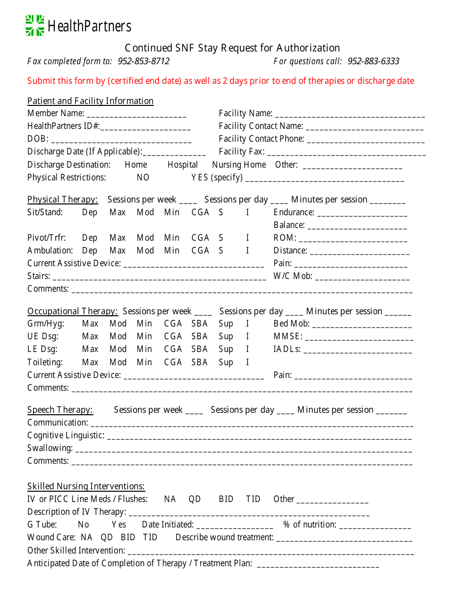 Continued Snf Stay Request for Authorization - Healthpartners - Fill ...