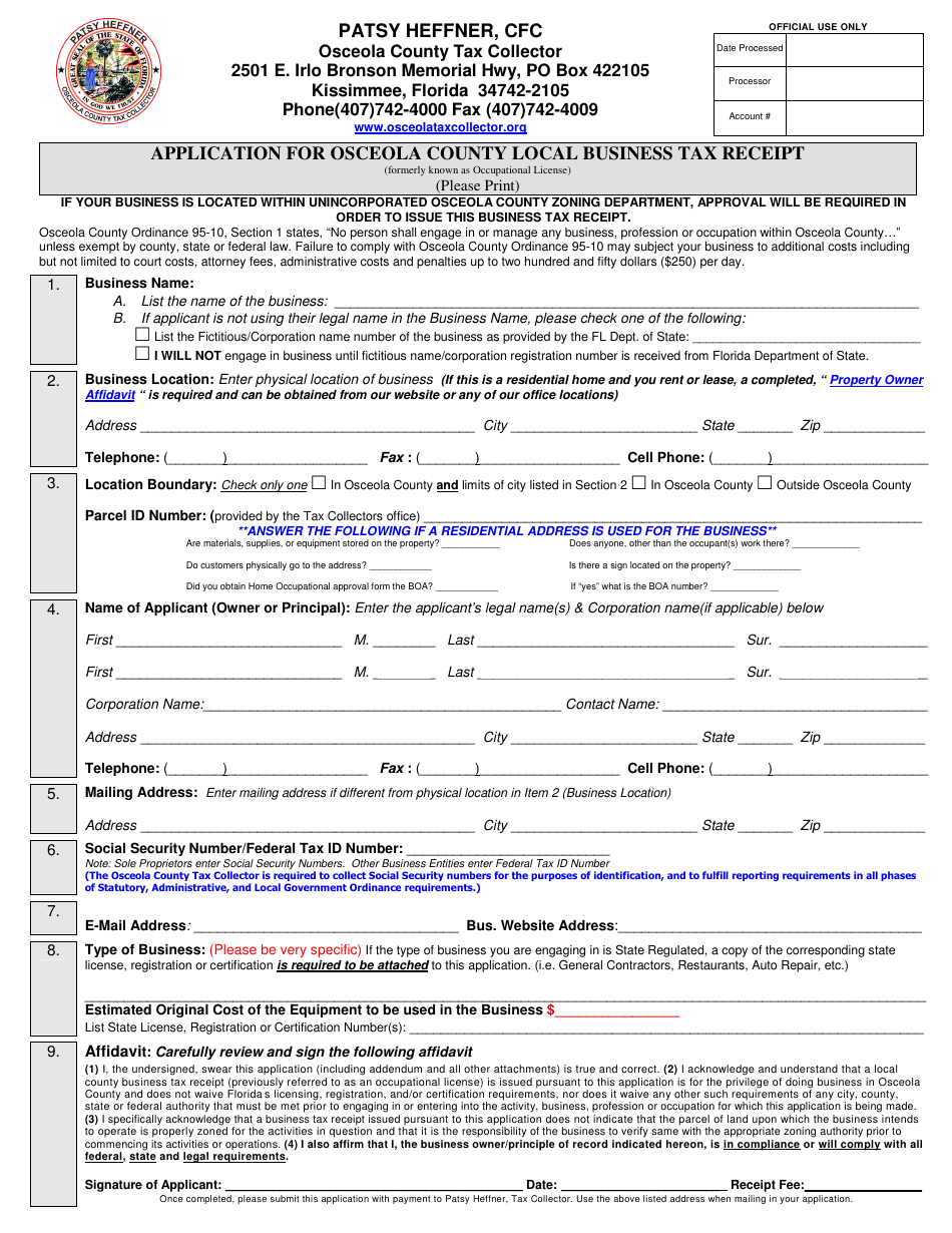 Application for Osceola County Local Business Tax Receipt Form - Osceola County, Florida, Page 1