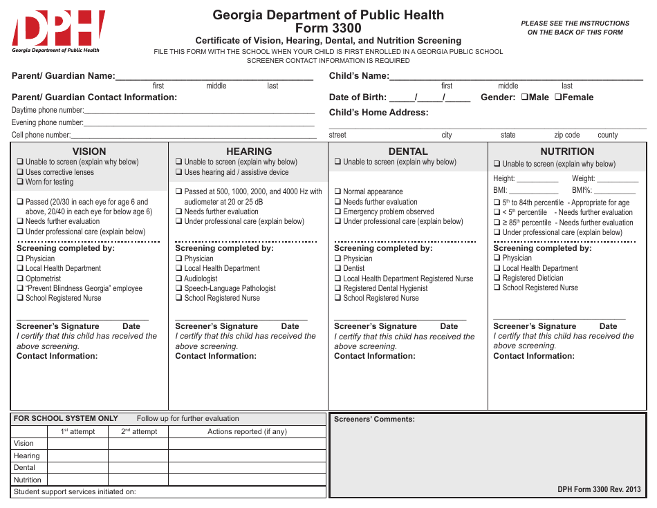 Form 3300 Certificate of Vision, Hearing, Dental, and Nutrition Screening - Georgia (United States), Page 1