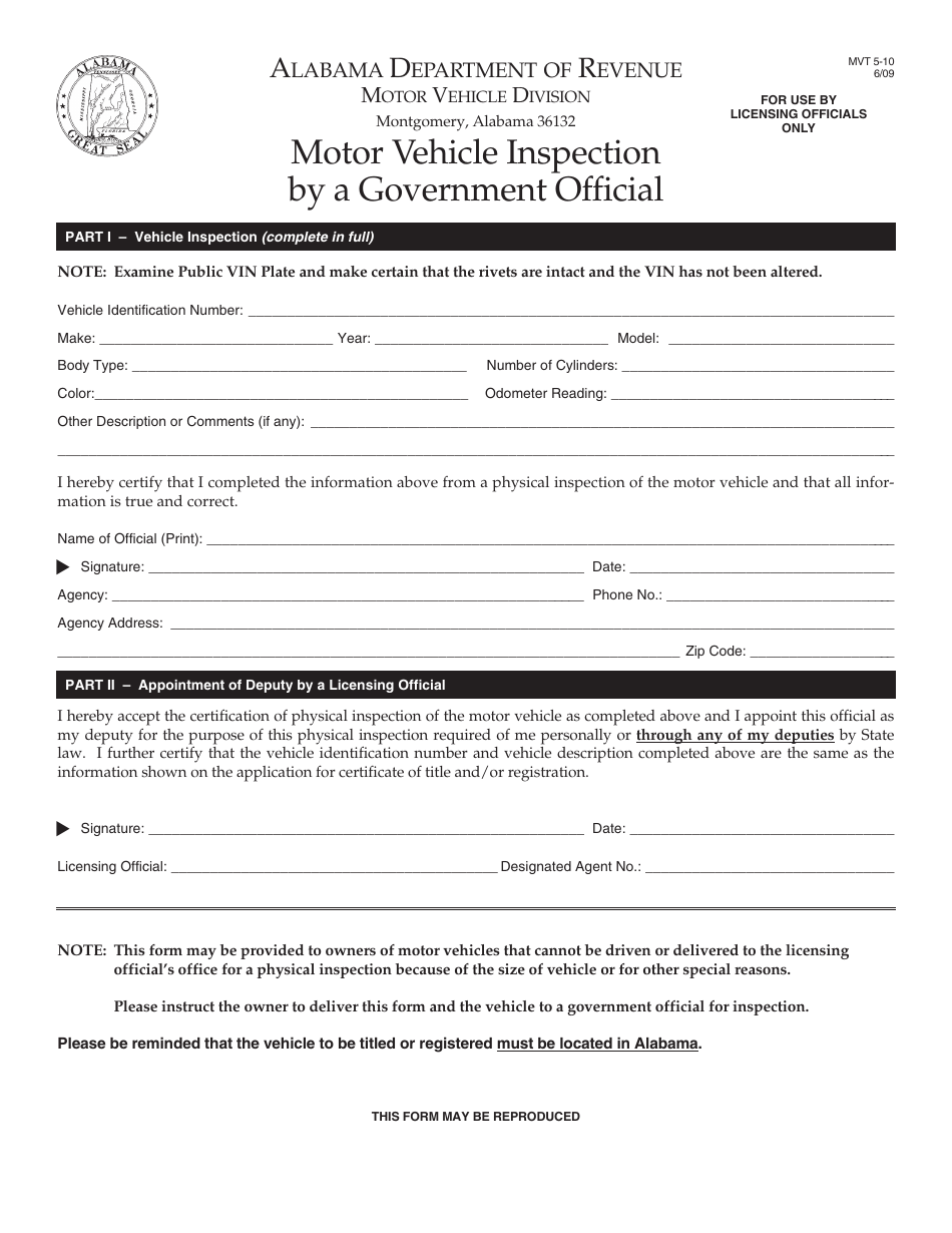 Form MVT-5-10 Motor Vehicle Inspection by a Government Official - Alabama, Page 1