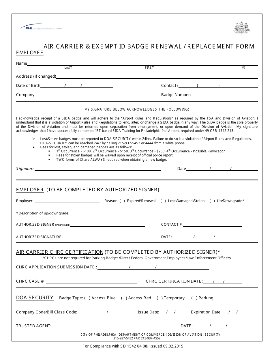Air Carrier  Exempt Id Badge Renewal / Replacement Form - City of Philadelphia, Pennsylvania, Page 1