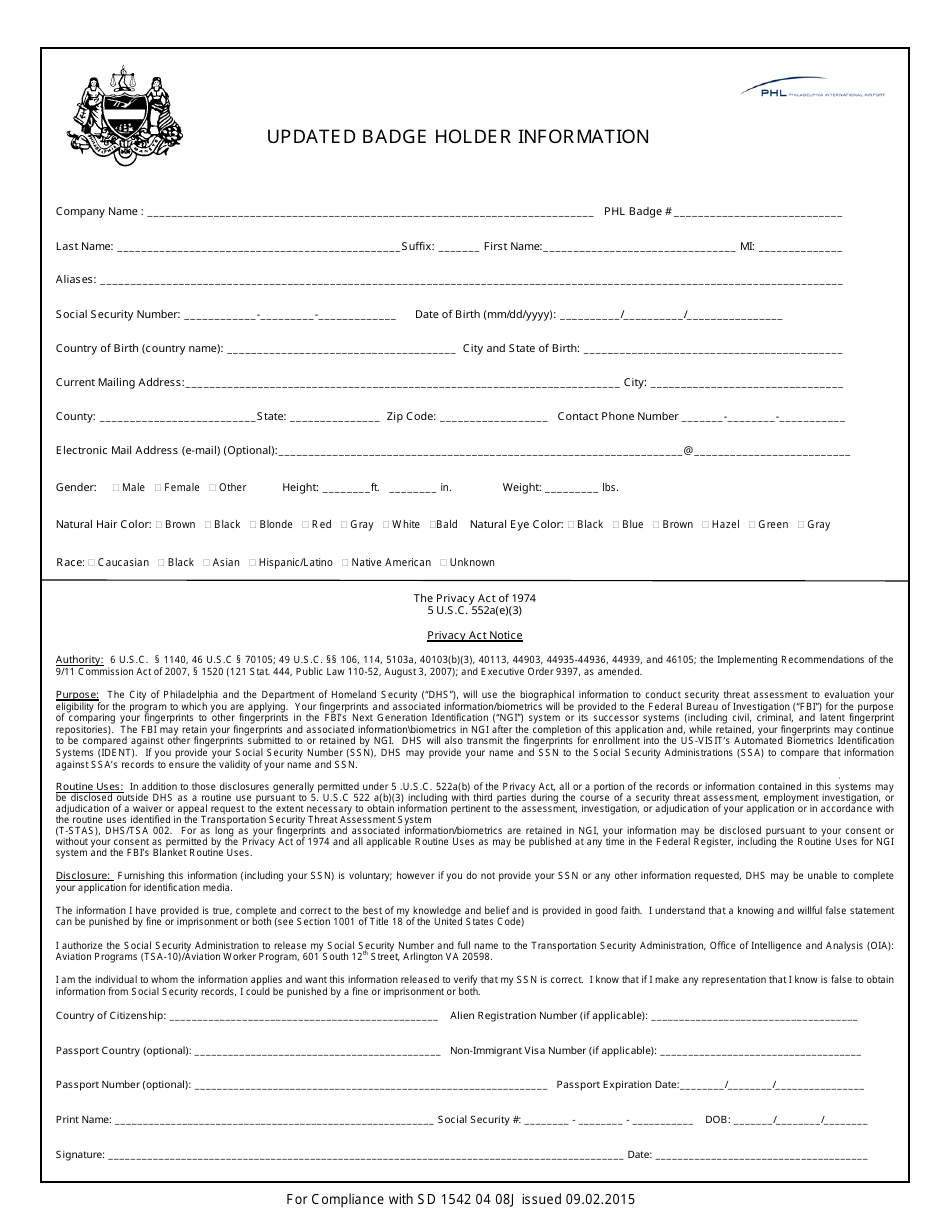 Air Carrier  Exempt Id Badge Renewal / Replacement Form - City of Philadelphia, Pennsylvania, Page 2