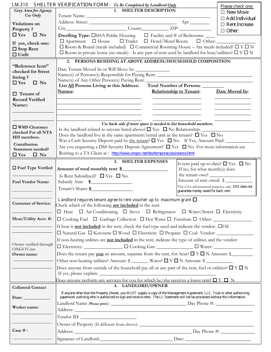 Shelter Verification Form, Page 1