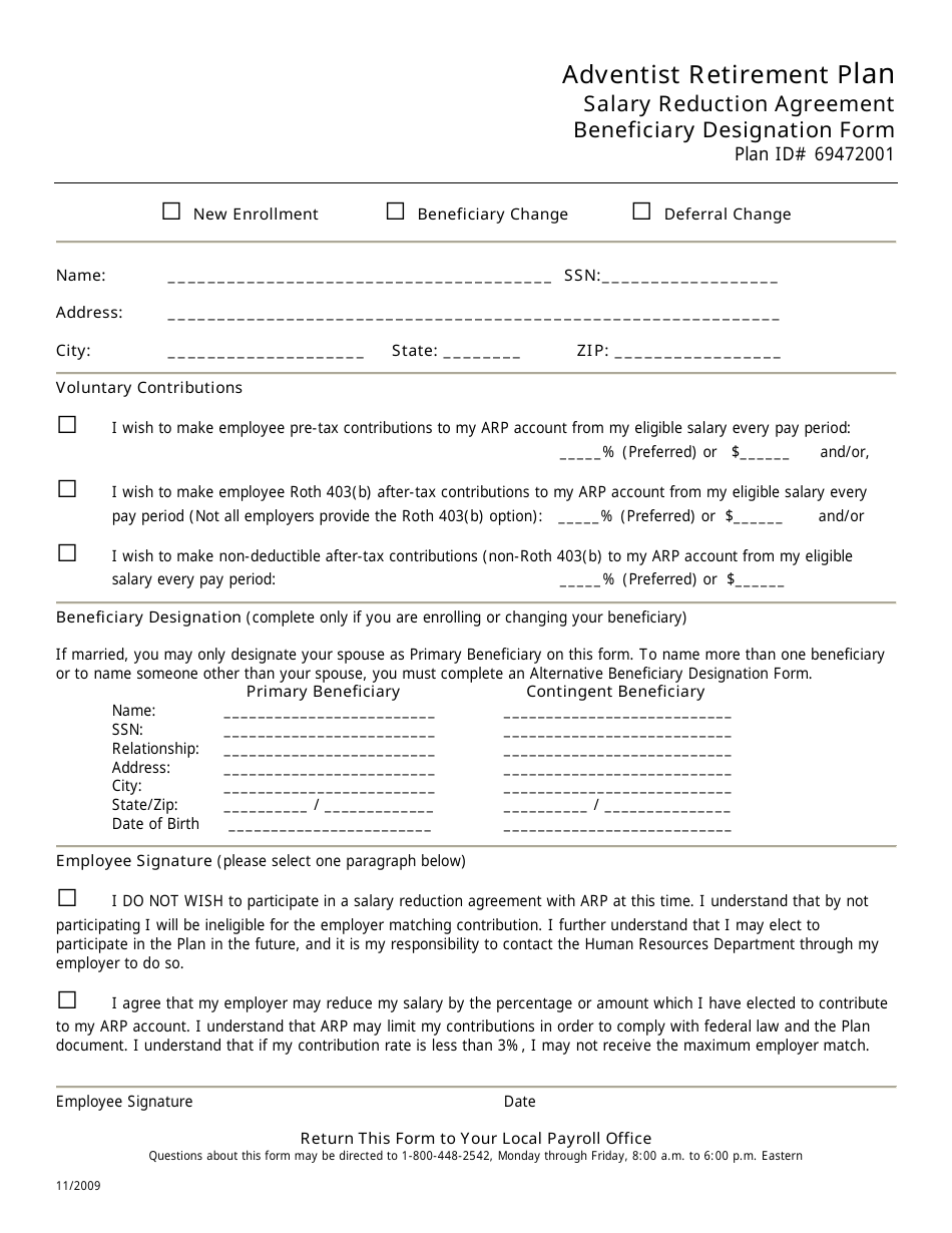 Salary Reduction Agreement - Beneficiary Designation Form - Adventist ...