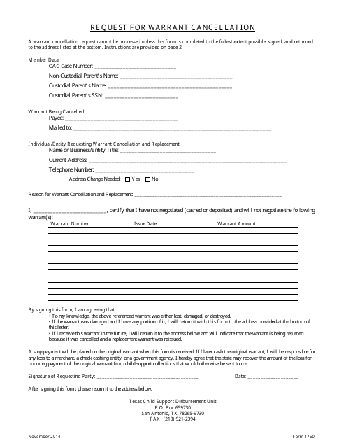 Form 1760 Request for Warrant Cancellation - Texas